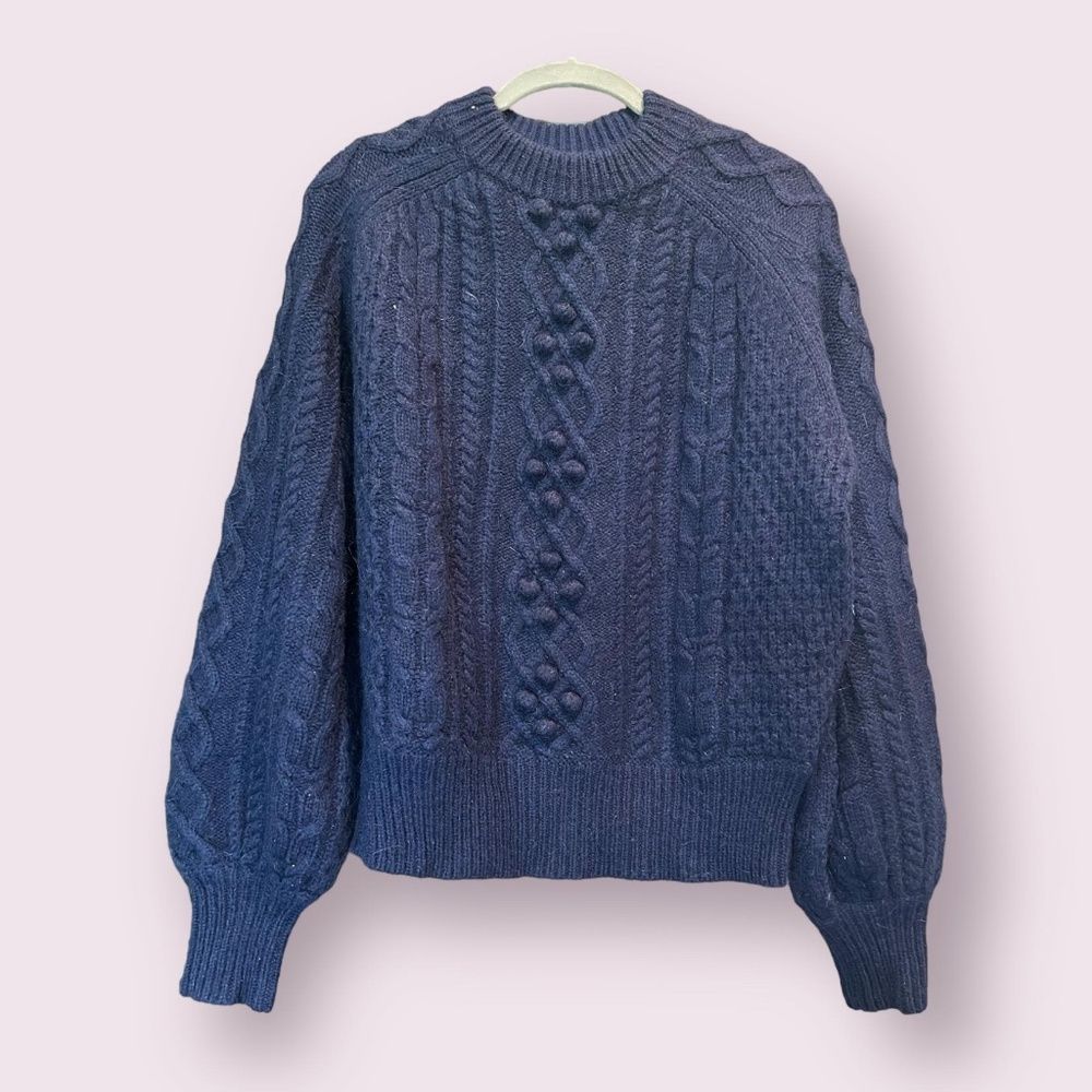 Demylee X J.Crew Wool Balloon Sleeve Chunky Knit Sweater in Navy Blue. s…